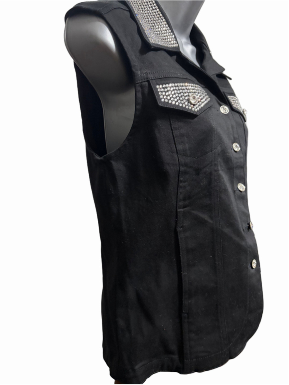 Parisline Black Denim Rhinestone Bling Vest Women's Small - Picture 3 of 9